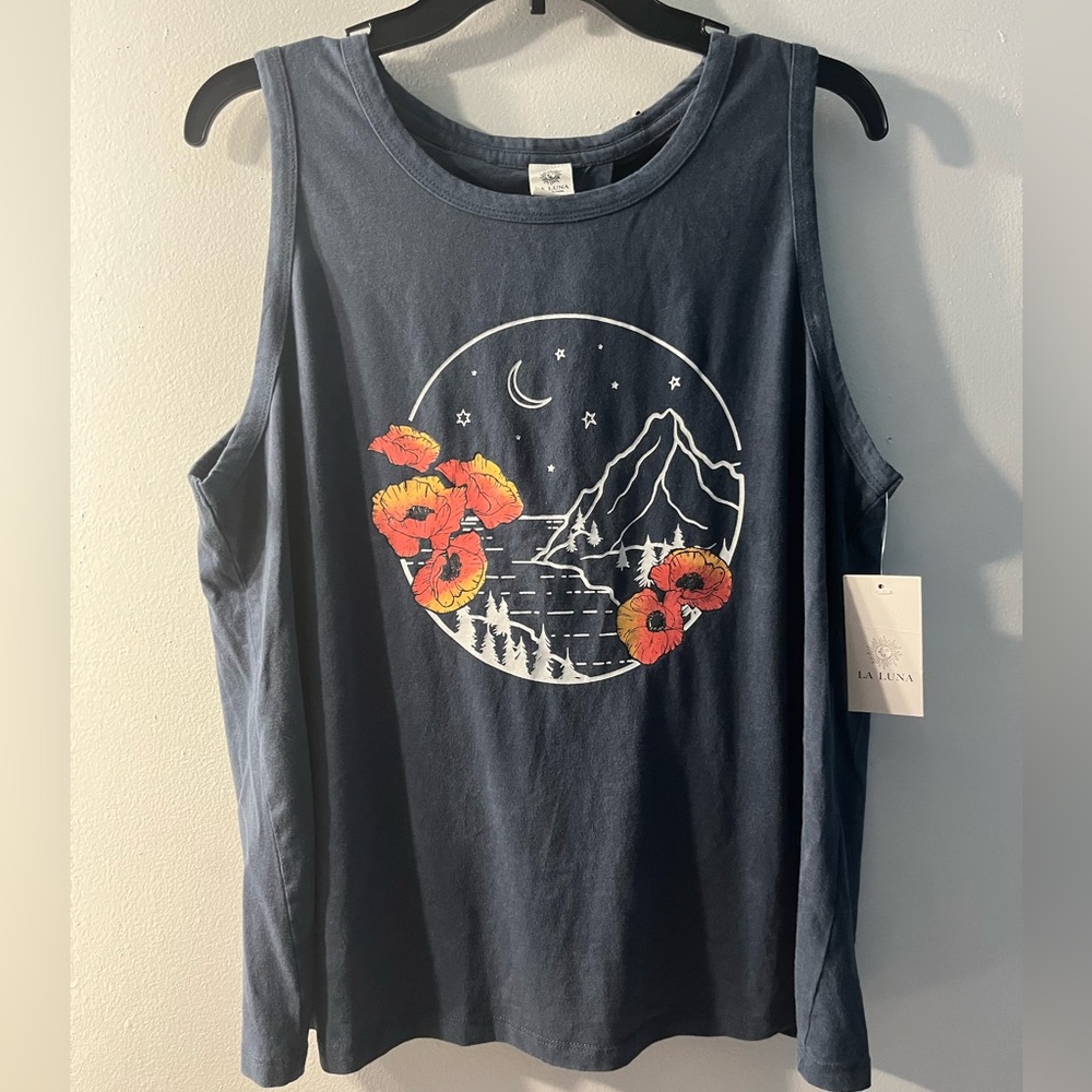 Navy Graphic Tank Top with Floral Design and open back